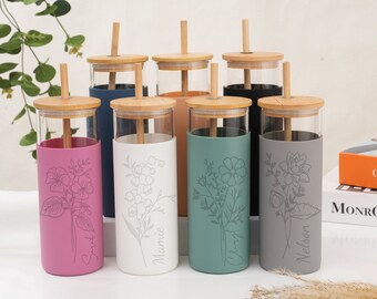 Custom Engraved Birth Flower Glass Tumbler With Bamboo Lid Iced Coffee Cup Glass With Silicone Sleeve travel mug Bridesmaid Gift Party Favor