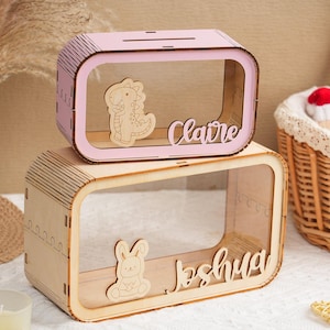 Tirelires en bois personnalisées, banque de pièces d'animaux en bois, banques d'argent de dessin animé, tirelire de nom pour fille, caisse en bois, cadeau de Noël d'anniversaire