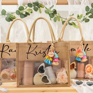 Beach Tote Bag with Name,Personalized Burlap Bag,Bridal shower bag,Bridesmaid Gift Bag With Name Charm,Beach Bag Bachelorette,Bag for Women