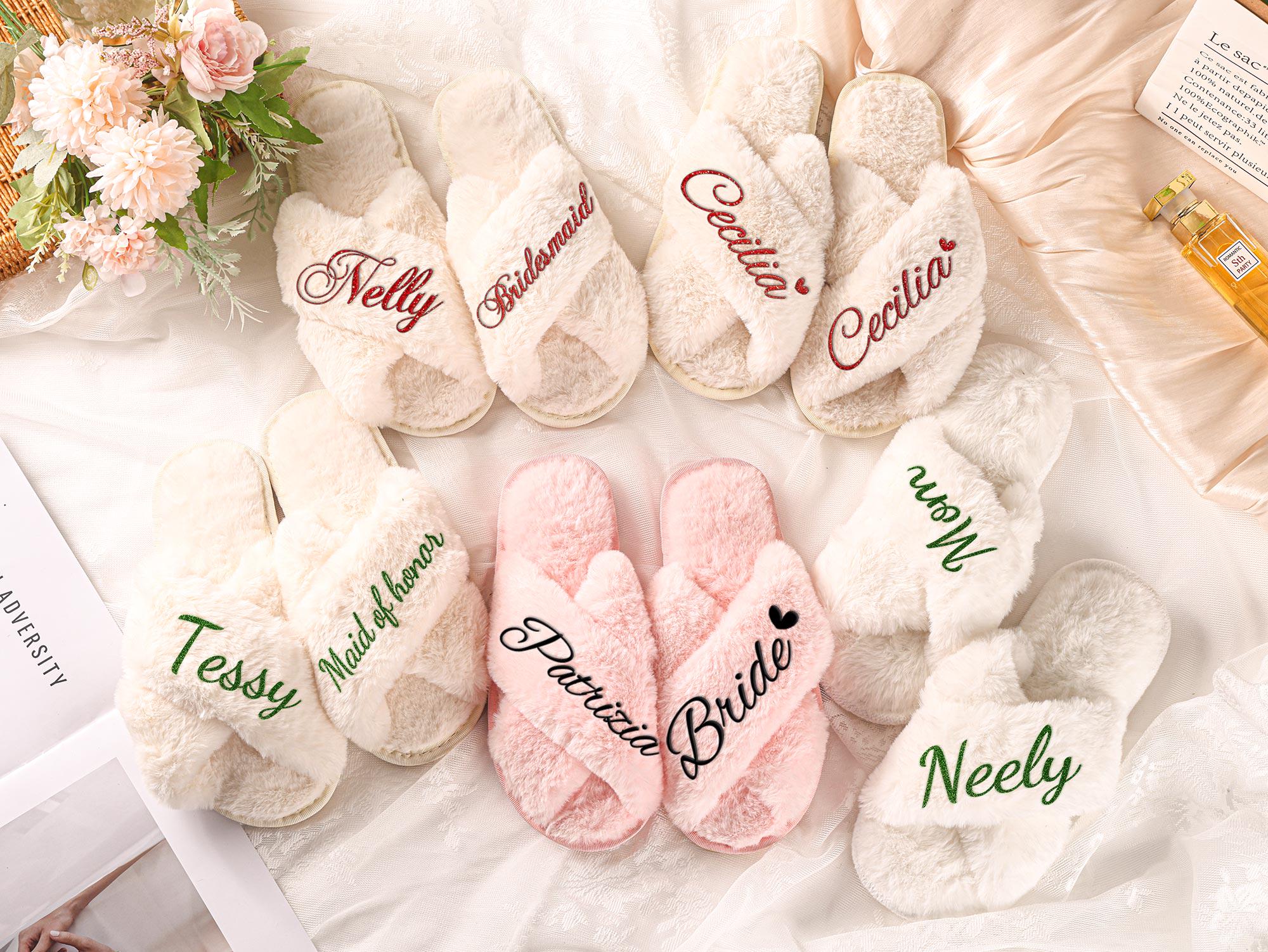 Personalized Gift Fluffy Slippers,Custom Bride Slippers,Bachelorette Party Gift Set,Bridesmaid Gifts,Fluffy Cross slippers,Bride to Be Gift