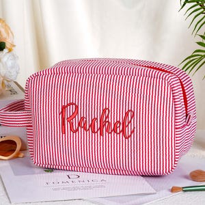 Personalized Seersucker Makeup Bag,Custom Bridesmaid Cosmetic Bag,Monogrammed Toiletry Bag,Gift for Mom,Bridal Party Favor,Makeup Organizer