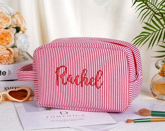 Personalized Seersucker Makeup Bag,Custom Bridesmaid Cosmetic Bag,Monogrammed Toiletry Bag,Gift for Mom,Bridal Party Favor,Makeup Organizer