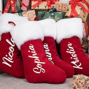 2025 Christmas Stocking With Name, Custom Red Plush Christmas Stocking, Family Stockings,Red Velvet Christmas Stockings,Christmas Home Decor