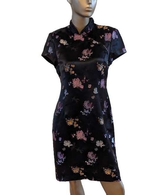 Jessica Howard VTG Black & Floral Satin Asian Dres