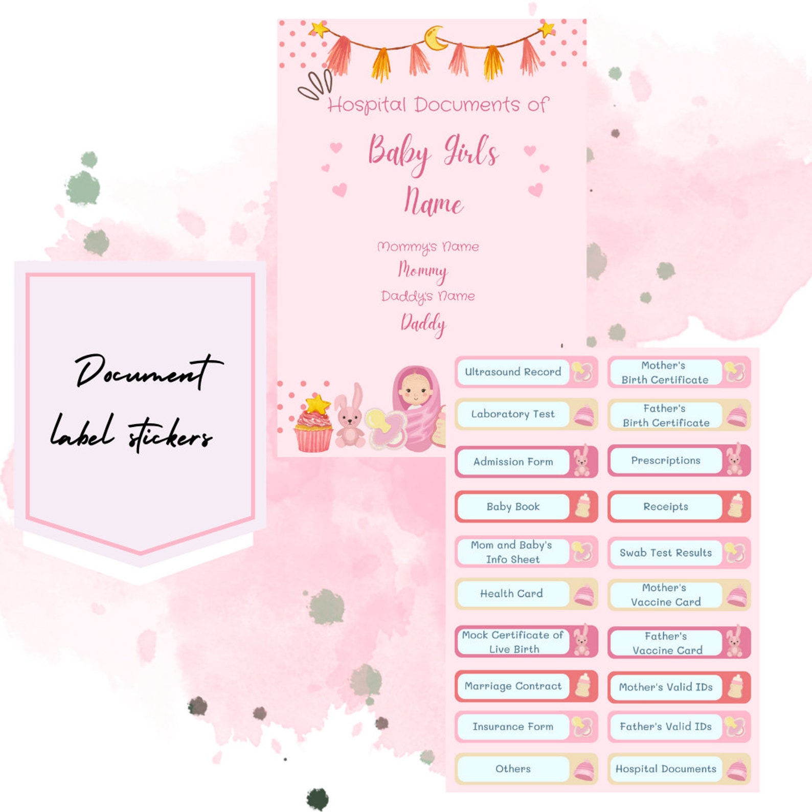 Baby Girl Pink Editable Hospital Documents Sticker Labels - Etsy