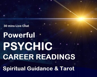 Puede incluir: Un gráfico con un fondo de cielo nocturno estrellado y una estrella amarilla brillante en el centro. El texto dice "30 mins Live Chat", "Powerful PSYCHIC CAREER READINGS", y "Spiritual Guidance & Tarot".