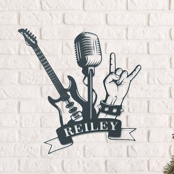 Arte de pared de metal de banda de música de guitarra personalizada, letrero personalizado con nombre de rock and roll, decoración del hogar al aire libre de estudio de música, regalo para amantes de la música