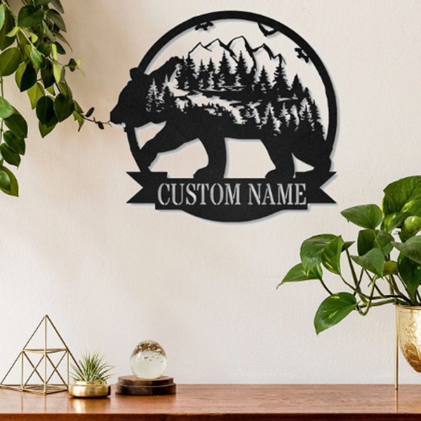 Metal Bear Wall Art Metal Rustic Forest Wall Decor Metal Bear Wilderness Wall Art Metal Forest Decor for Living Room Indoor Decoration