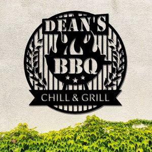 Metal BBQ Sign, Personalized Barbecue Metal Wall Art, Chill & Grill Sign, Barbecue Sign, Backyard Decor, Father&#39;s Day Gift, Gift for Husband