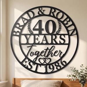 Könnte beinhalten: Schwarze Metall-Wandkunst zur Feier des 40. Jahrestages. Das kreisförmige Design zeigt die Namen "Brad & Robin" oben, mit "40 YEARS Together EST 1986" in der Mitte. Enthält Lorbeerblatt-Akzente und verschlungene Herzen.