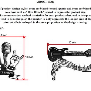 May include: Two black metal wall art designs, one of a guitar and microphone with the text "ROBERT SMITH" and the other of a guitar with music notes and the text "OLIVER BROWN". Both designs are 10 inches wide and 10 inches tall.