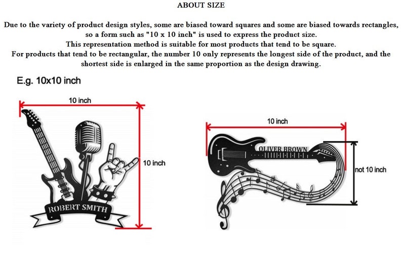 May include: Two black metal wall art designs, one of a guitar and microphone with the text "ROBERT SMITH" and the other of a guitar with music notes and the text "OLIVER BROWN". Both designs are 10 inches wide and 10 inches tall.
