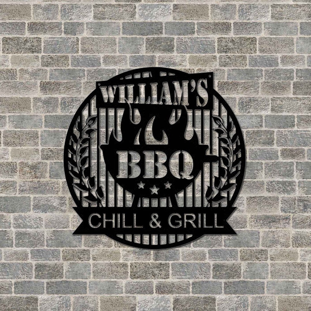 Metal BBQ Sign Personalized Barbecue Metal Wall Art Chill & Grill Sign