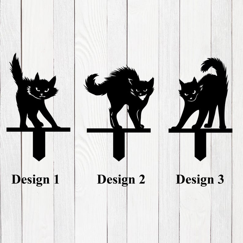 May include: Three black cat silhouette designs for yard stakes. The first design shows a cat with its back arched, the second design shows a cat with its back arched and its tail curled, and the third design shows a cat with its back arched and its tail straight.