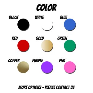 May include: Color chart with 10 different color options: black, white, blue, red, gold, green, copper, purple, pink, and more.  The chart is labeled "COLOR" at the top.