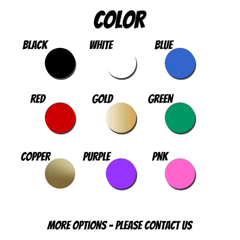 May include: Color chart with 10 different color options: black, white, blue, red, gold, green, copper, purple, pink, and more.  The chart is labeled "COLOR" at the top.