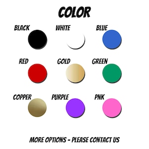 May include: Color chart with 10 different color options: black, white, blue, red, gold, green, copper, purple, pink, and more.  The chart is labeled "COLOR" at the top.