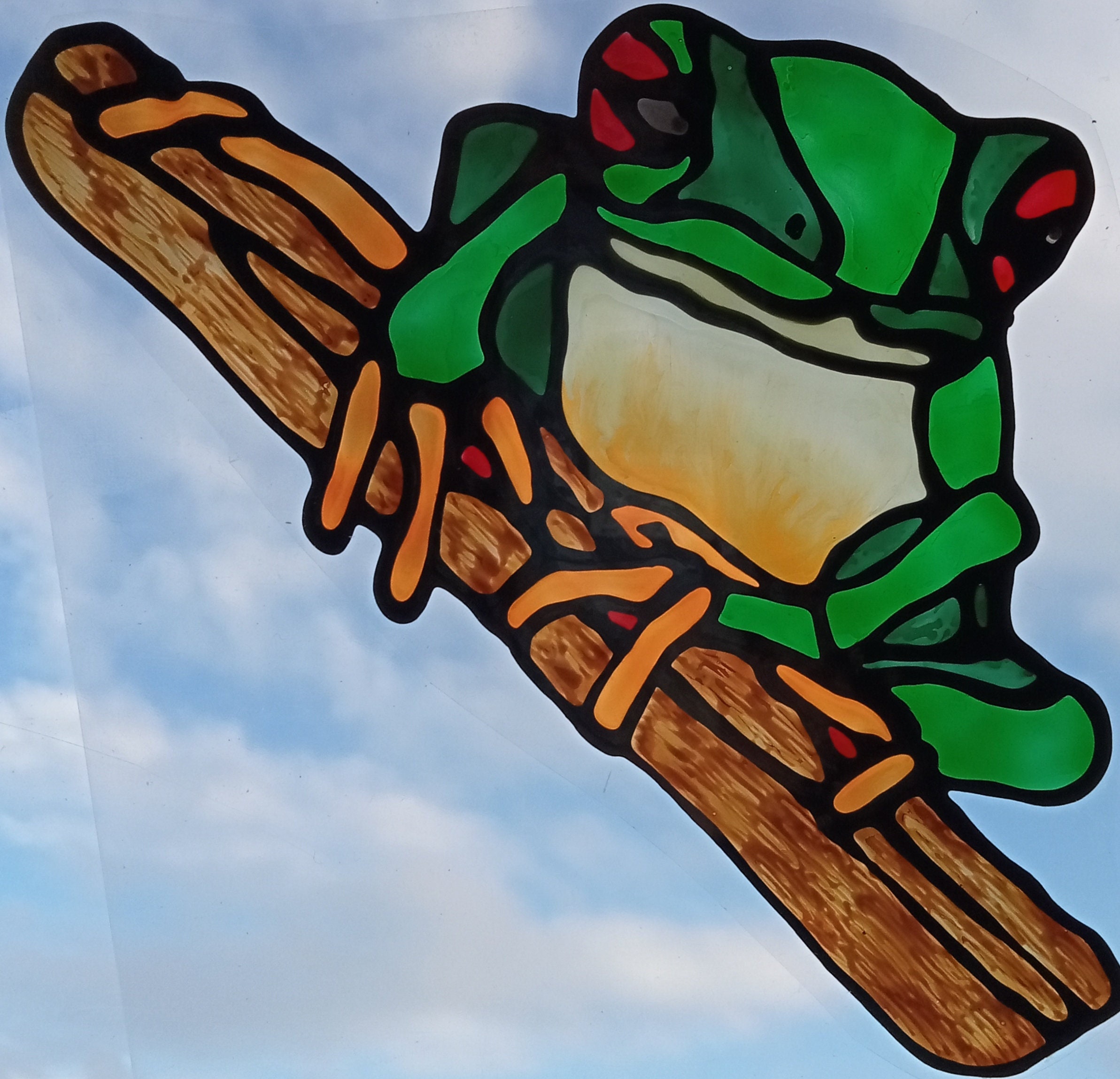 Red Eyed Green Tree Frog Faux Stained Glass Window Cling Hand Crafted