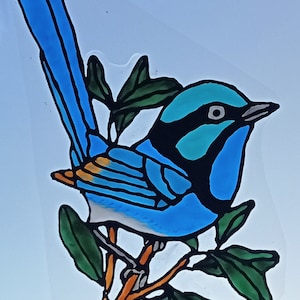 Hand Crafted Faux Stained Glass Window Cling. Beautiful Blue Wren, Native to Australia