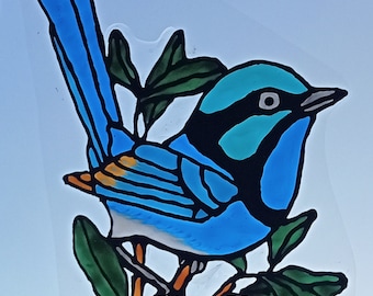 Beautiful blue wren, native to Australia faux stained glass Window Cling