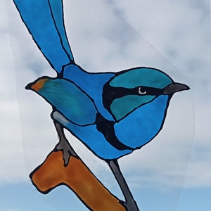 Hand Crafted Faux Stained Glass Window Cling. Beautiful blue wren on log, Native to Australia