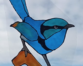 Beautiful blue wren on log, native to Australia faux stained glass Window Cling