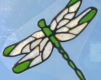 Beautiful green dragonfly faux stained glass Window Cling glitter in green and white pearl