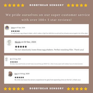 May include: A screenshot of a website showcasing customer reviews for a sensory toy. The reviews are positive and highlight the toy's sound, sensory experience, and how much children enjoy playing with it. The website is called "Bobbybear Sensory".