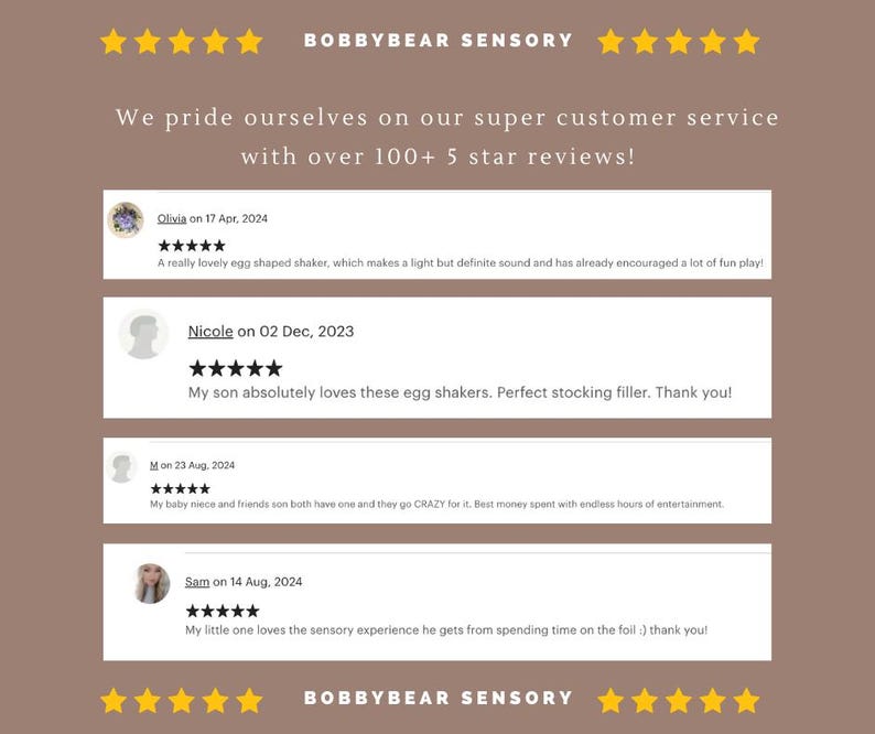 May include: A screenshot of a website showcasing customer reviews for a sensory toy. The reviews are positive and highlight the toy's sound, sensory experience, and how much children enjoy playing with it. The website is called "Bobbybear Sensory".