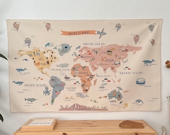 Dreamy World Map Tapestry / Organic Cotton Fabric Tapestry / Kid's Room Tapestry / Nursery Tapestry / Educational World / Kid Gifts