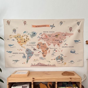 Dreamy World Map Tapestry / Organic Cotton Fabric Tapestry / Kid's Room Tapestry / Nursery Tapestry / Educational World / Kid Gifts