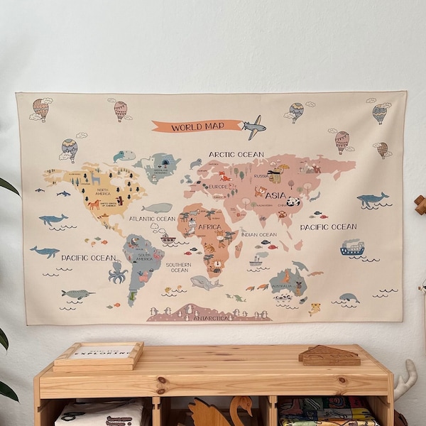 Dreamy World Map Tapestry / Organic Cotton Fabric Tapestry / Kid's Room Tapestry / Nursery Tapestry / Educational World / Kid Gifts