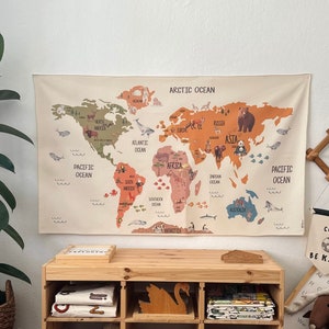 World Map Tapestry, Organic Cotton Fabric Tapestry, Kid Gifts, Nursery Tapestry, Kids Room Wall Hanging, Colorful World Map Tapestry