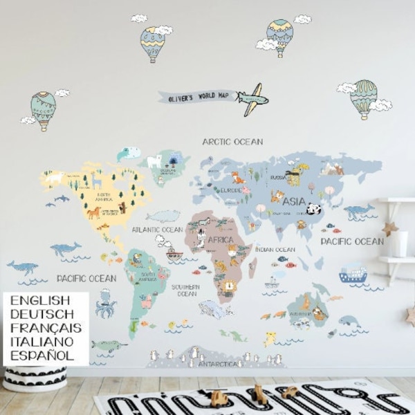 World map wall Sticker, Peel Stick Wallpaper, nursery world map Spanish World Map Italiano World Map Français World Map Weltkarte für Kinder