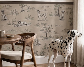 May include: Wallpaper featuring a repeating toile pattern of Dalmatian dogs in a landscape with trees and mountains, rendered in dark gray ink on a light beige background, applied to the lower half of a wall below a dark horizontal border.