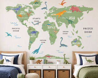 Dinosaur World Map Wall Decal | Green Educational Nursery Decor (PVC-Free Fabric)