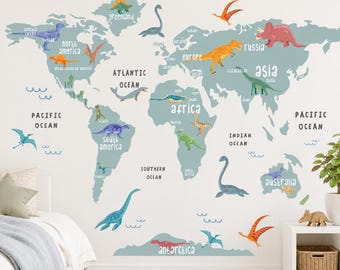 Dinosaur World Map Wall Decal for Kids | Educational Nursery Fabric Decor