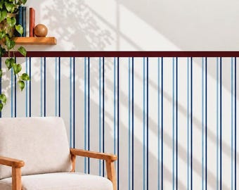 May include: Wallpaper featuring a vertical striped pattern in alternating shades of dark blue and light blue on a white background, finished with a solid dark red horizontal border trim at the top edge of the striped section.