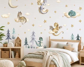 May include: A set of wall decals featuring watercolor illustrations of dragons, a crescent moon, clouds, and stars, arranged above a wooden bed frame. The dragons are depicted in various poses, including flying and resting on clouds, with pine trees.