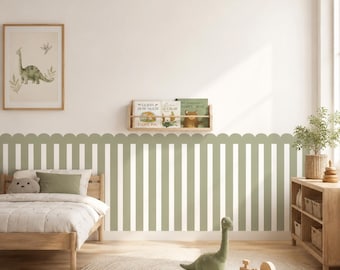May include: A bedroom featuring sage green and white vertical striped wallpaper with a scalloped top edge. The room includes a wooden bed with a sage green pillow, a wall-mounted wooden bookshelf, a framed dinosaur print, and a green dinosaur toy.