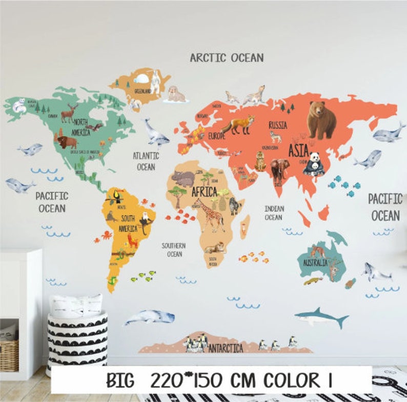 Animal World Map Wall Sticker, World Map Wall Decal, World Map Decal