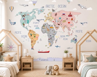 May include: A wall decal featuring a colorful world map with illustrations of animals, landmarks, flags, airplanes, and hot air balloons. The map includes labels for oceans and continents, with a red cargo ship and clouds scattered across the wall.