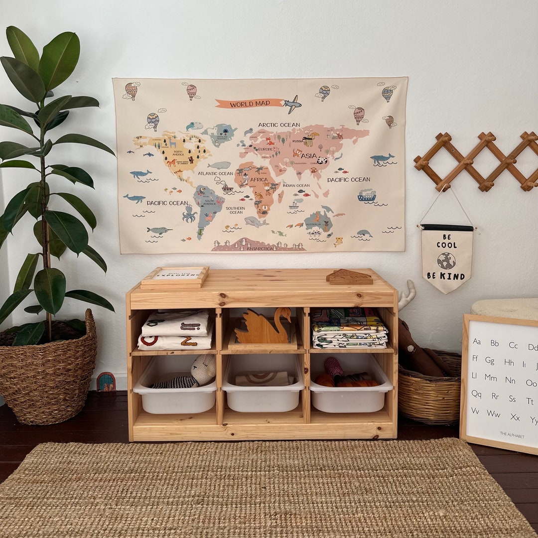 Dreamy World Map Tapestry / Organic Cotton Fabric Tapestry / Kid&#39;s Room Tapestry / Nursery Tapestry / Educational World / Kid Gifts