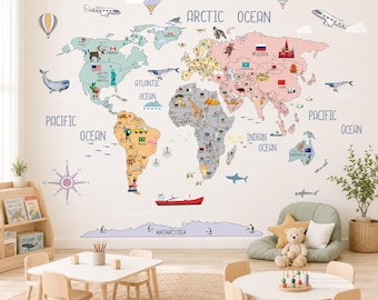 May include: A large wall decal featuring a colorful world map with labeled continents and oceans. The map includes illustrations of animals, landmarks, airplanes, and hot air balloons. The design is printed in soft pastel tones on a white background.