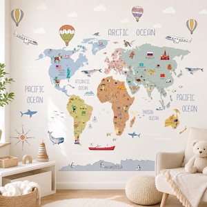 May include: A wall decal featuring a colorful world map with illustrations of animals, landmarks, hot air balloons, and airplanes. The map includes labels for oceans and continents, with various national flags placed across the landmasses.