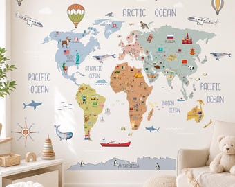 May include: A colorful world map wall decal featuring continents in distinct shades, decorated with illustrations of animals, landmarks, hot air balloons, airplanes, and ships. The map includes labels for oceans and continents in a simple, clear font.