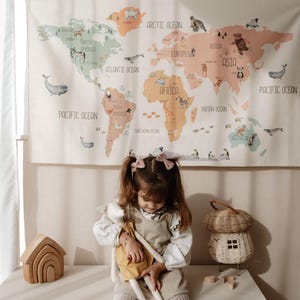 Boho Wandteppich mit Weltkarte, Wandbehang mit Weltkarte, Wandbehang aus Baumwollstoff, Babyzimmer Wandteppich