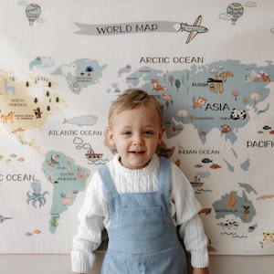 Weltkarte Himmel Wandbehang, Wandbehang aus Baumwollstoff, Babyzimmer Wandbehang, Kinderzimmer Wandbehang