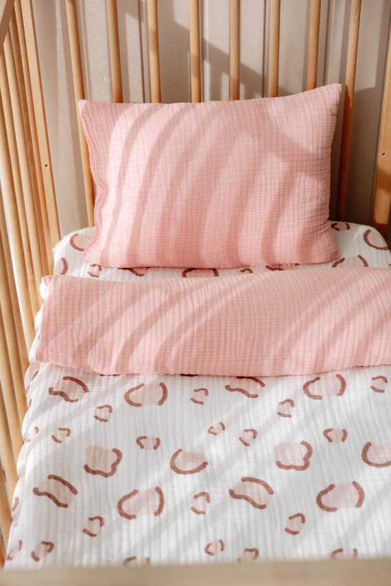 Pink Leopard Muslin Baby Bedding Set: Cotton Crib Duvet Cover