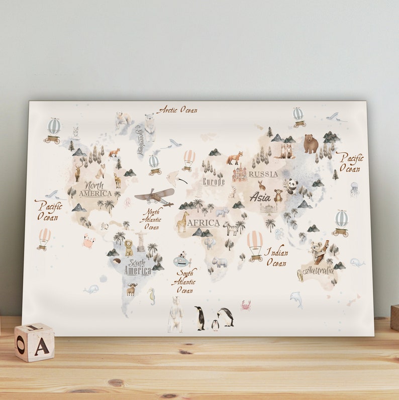 Canvas World Map, Watercolor World Map, Canvas Nursery Map, Canvas